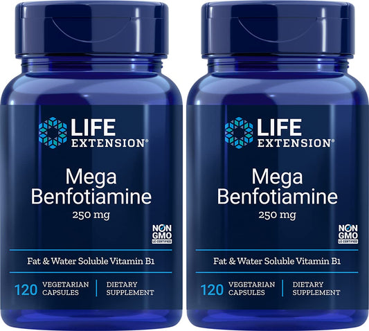 Life Extension Mega Benfotiamine bottle pour for daily metabolic support.