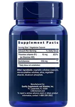 Life Extension Mega Benfotiamine capsules closeup highlighting vegetarian capsules for convenient daily use.