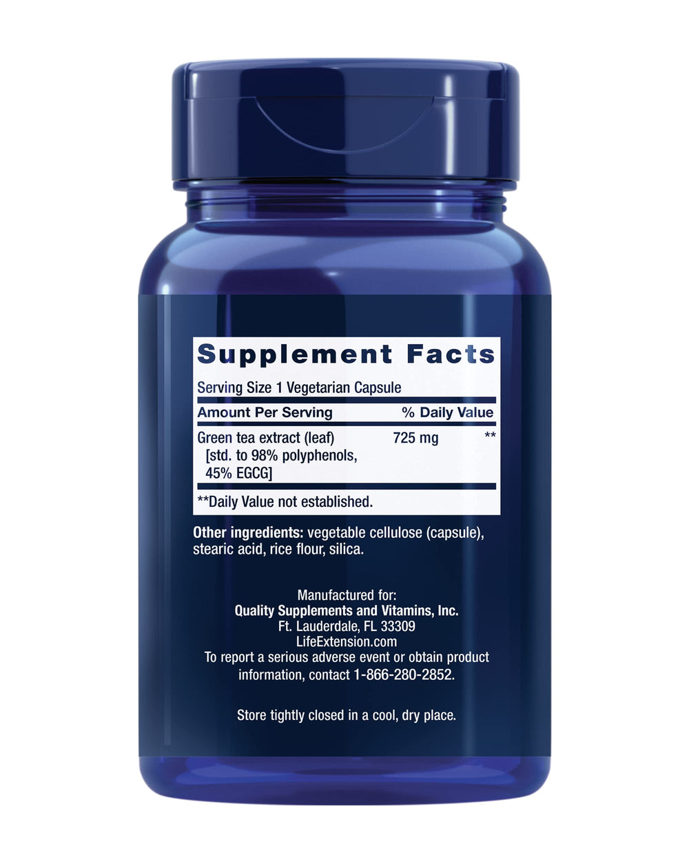 Close-up of the Life Extension label showing 98% polyphenols and 45% EGCG