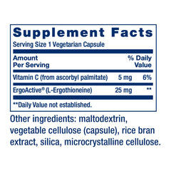 Life Extension Mega L-Ergothioneine label with gluten-free and non-GMO notes
