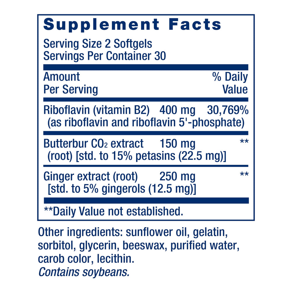 Migra-Eeze label highlights butterbur extract and added ginger for potential relief.