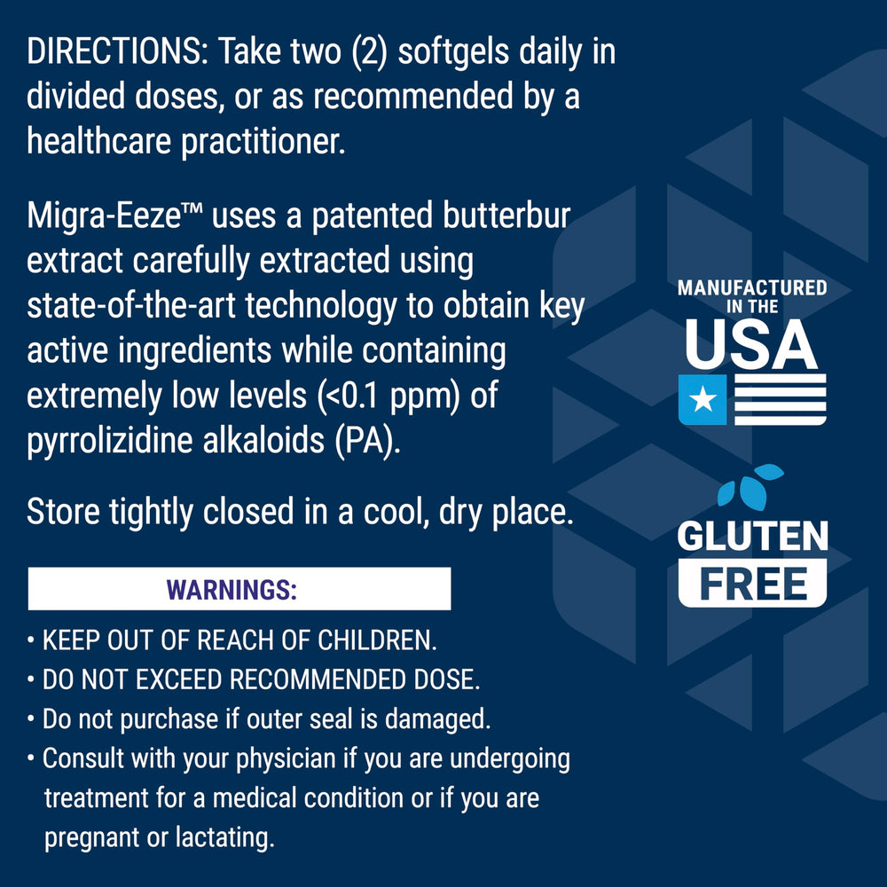 Life Extension Migra-Eeze non-GMO and gluten-free label conveys clean formulation.