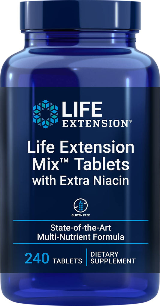Life Extension Mix tablets bottle with extra niacin for cellular energy support.