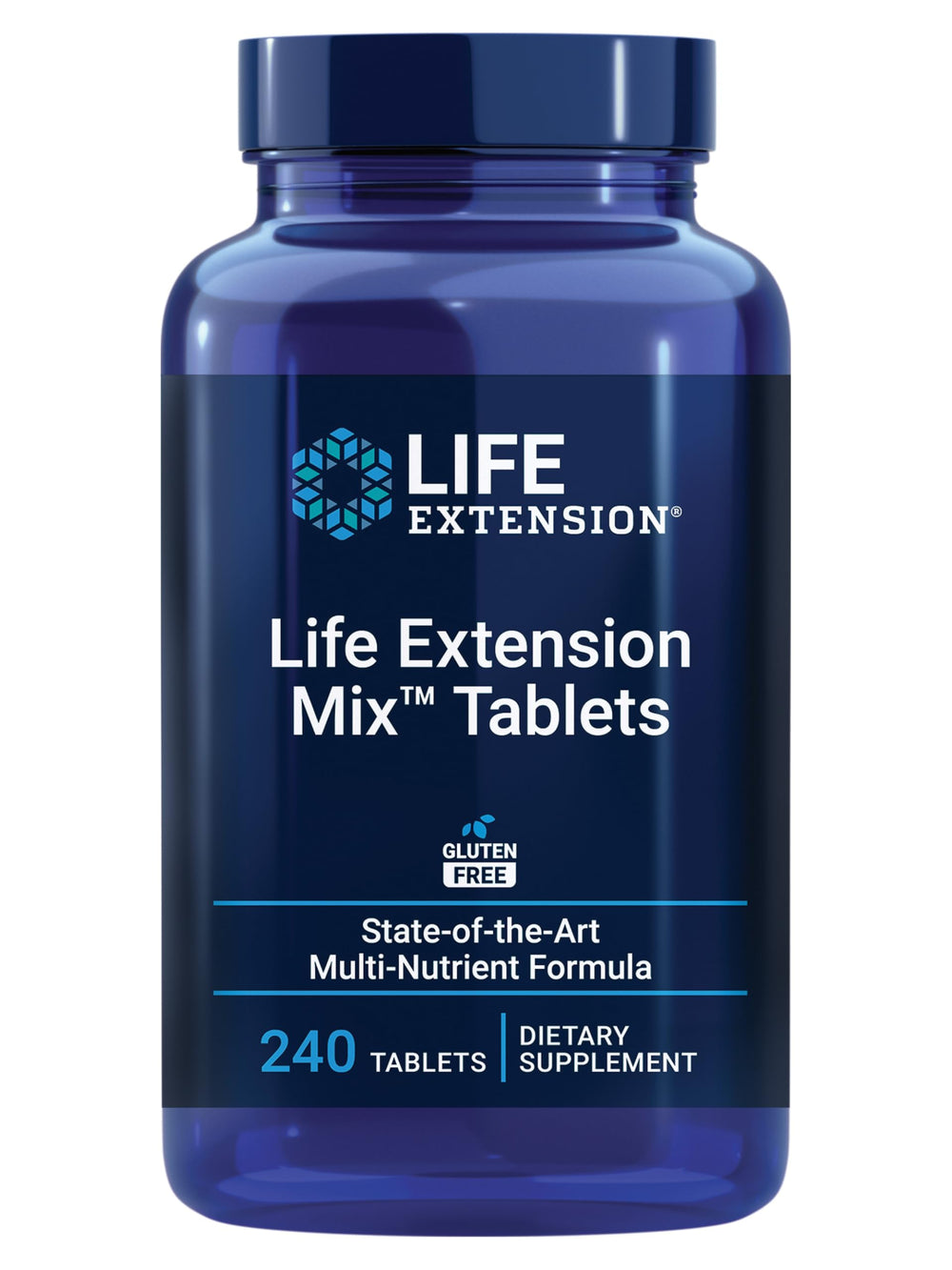 Life Extension Mix tablets bottle closeup highlighting a comprehensive daily supplement for overall health