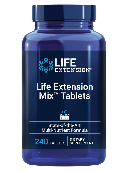 Life Extension Mix tablets bottle closeup highlighting a comprehensive daily supplement for overall health