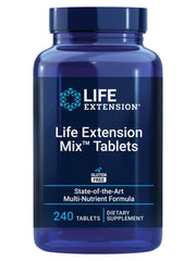 Life Extension Mix tablets bottle closeup highlighting a comprehensive daily supplement for overall health