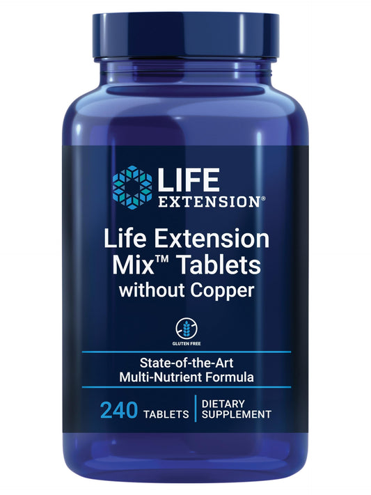 Life Extension Mix tablets in bottle closeup highlighting copper-free formula for daily wellness