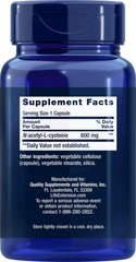 Life Extension NAC capsules close-up emphasizing 600mg dosage for antioxidant support.