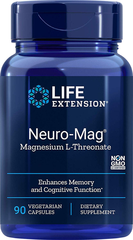 Life Extension Neuro-mag bottle closeup highlighting the label and cognitive support potential.