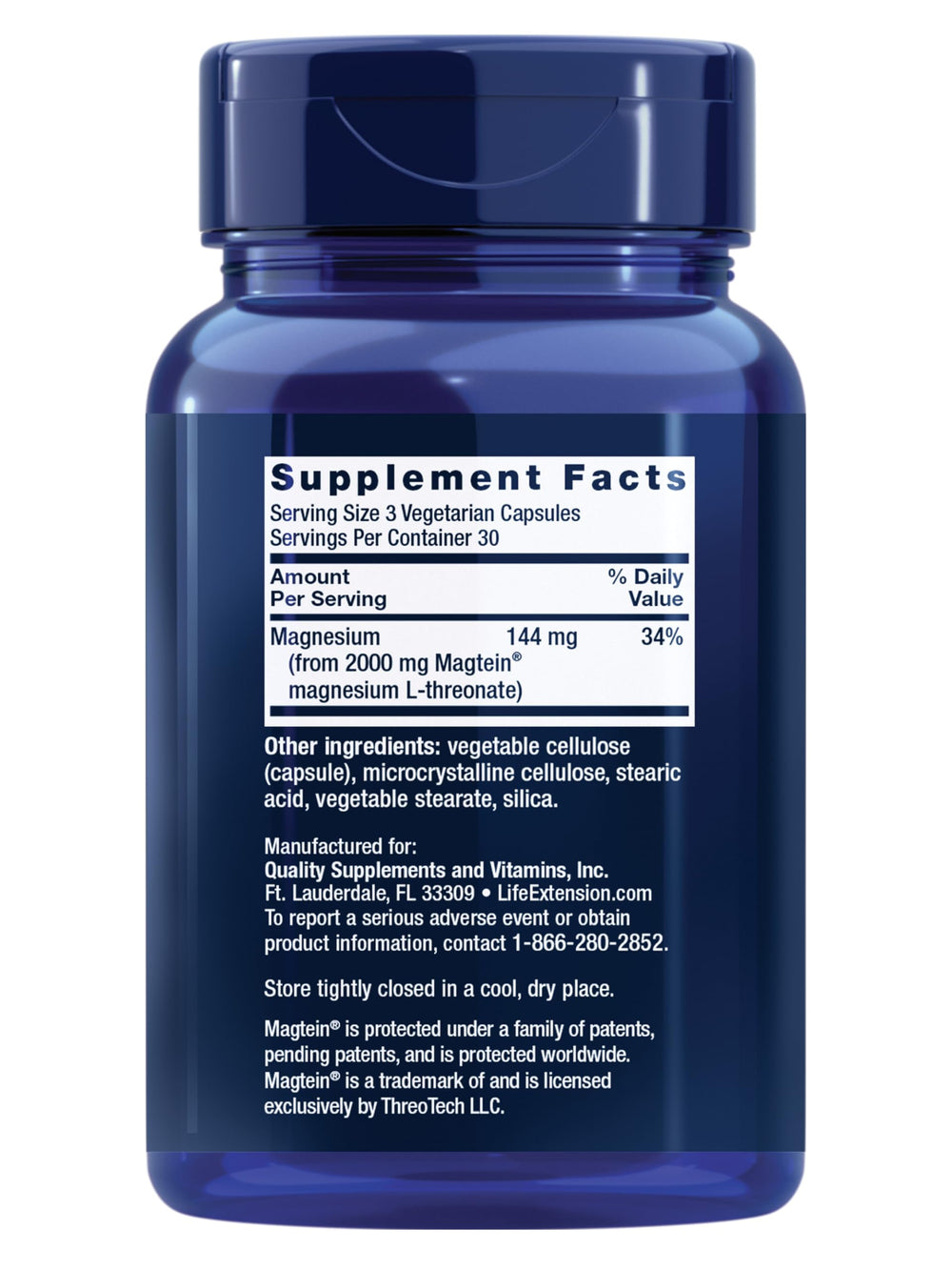 Life Extension Neuro-Mag bottle label highlights magnesium L-threonate for cognitive support.
