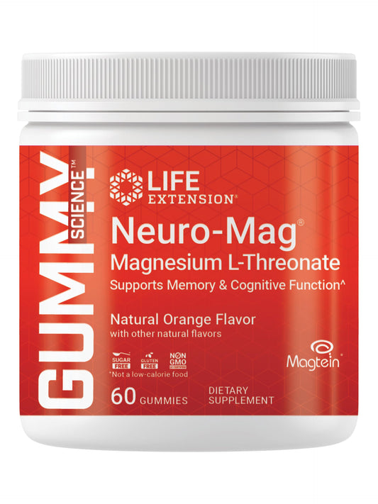 Life Extension Neuro-Mag gummy orange bottle shows easy memory support for daily routine