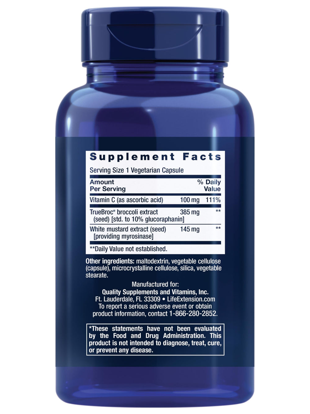Life Extension Optimized Broccoli bottle back – non-GMO, gluten-free for safe daily use.