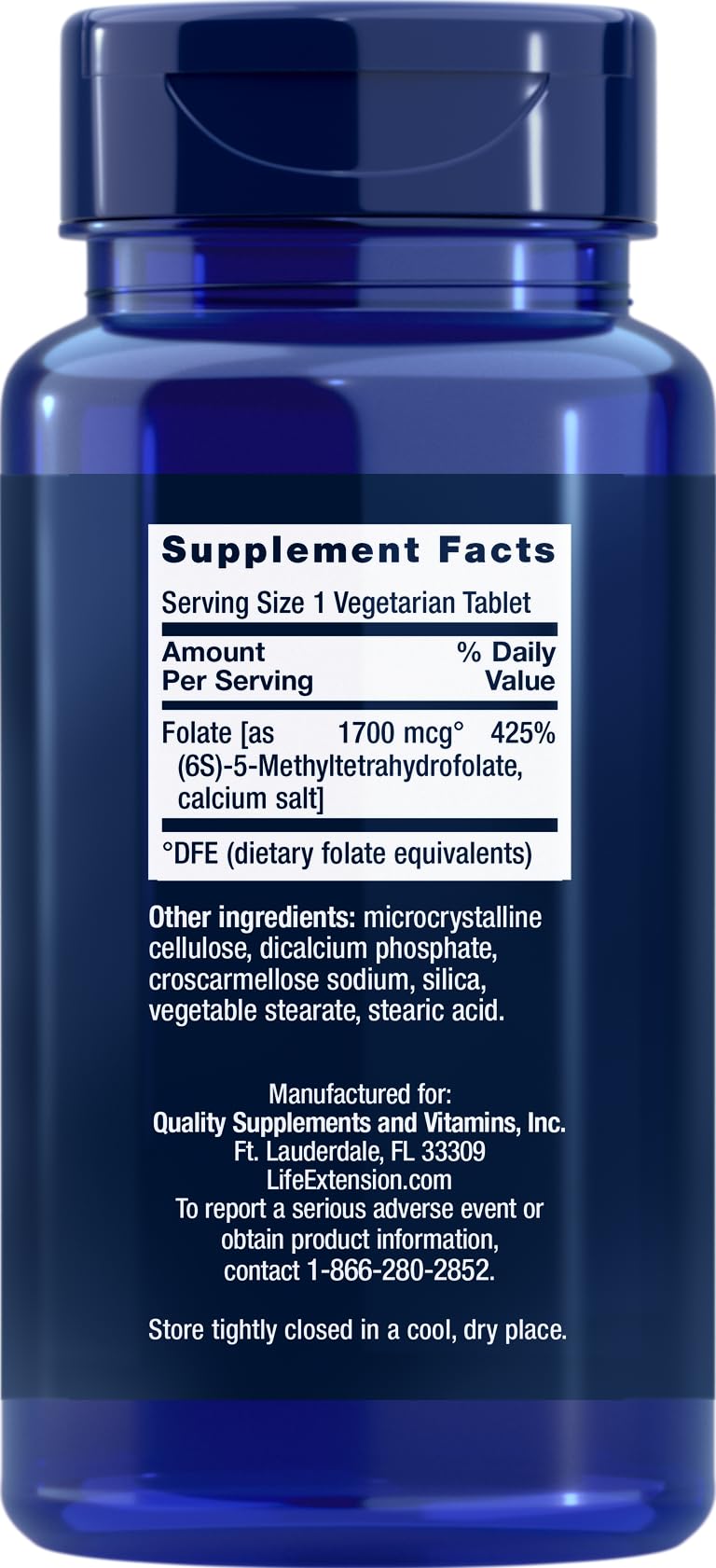 Life Extension Optimized Folate tablets close-up, small vegetarian tablets for daily use