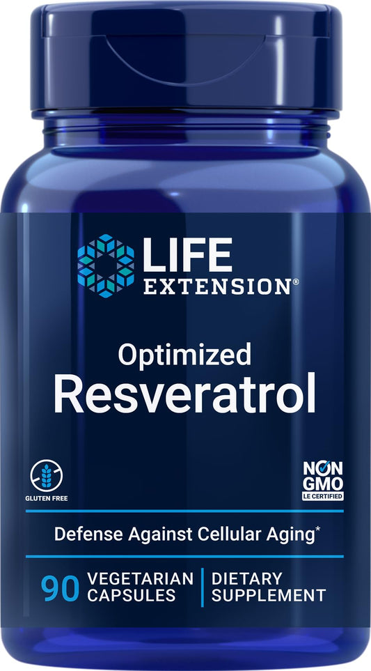 Life Extension Optimized Resveratrol bottle front view for daily wellness.