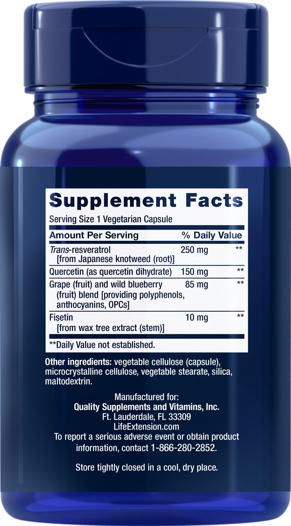 Life Extension Optimized Resveratrol capsules close-up showing vegetarian formula.