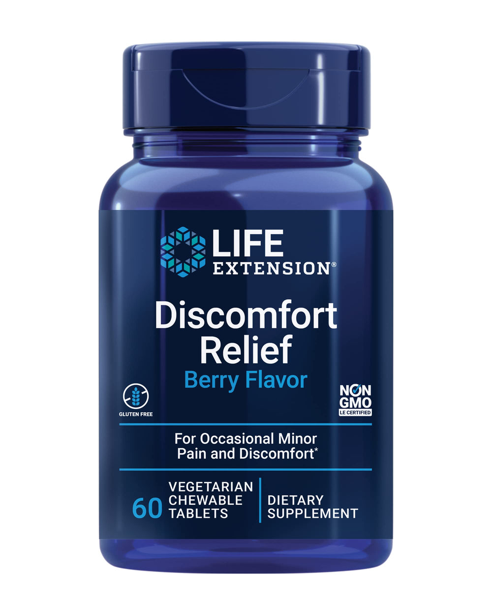 Life Extension Pea Discomfort Relief berry chewable tablet in bottle for daily comfort support.