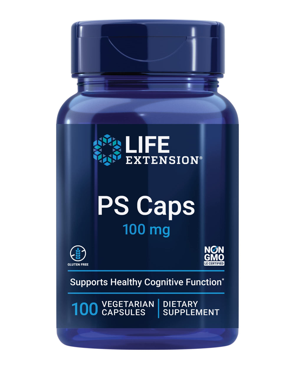 Life Extension PS Caps bottle with capsules for cognitive support.