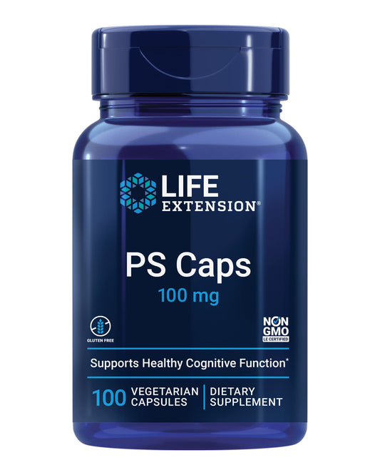 Life Extension PS Caps bottle with capsules for cognitive support.