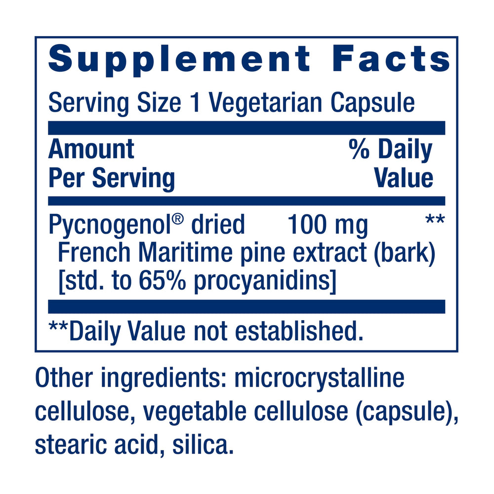 Life Extension Pycnogenol label front indicating key ingredients.