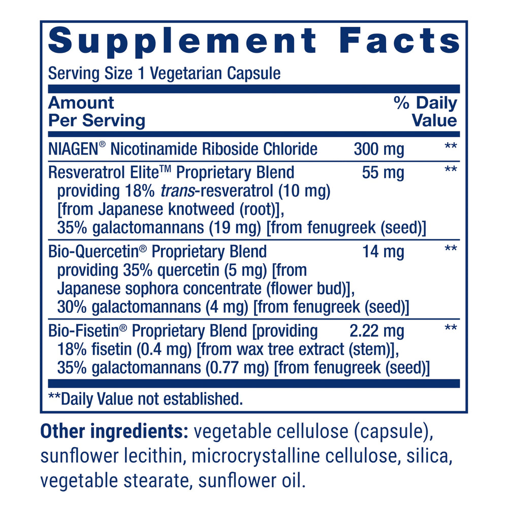Life Extension Resveratrol Elite bottle highlighting NR and polyphenol blend for healthy aging.