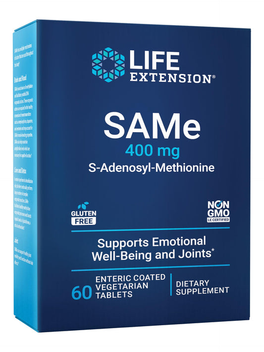 Life Extension SAMe bottle front showing enteric-coated tablets for mood and joint support.