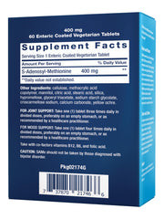 Life Extension SAMe bottle side view highlights non-GMO and vegetarian tablets.