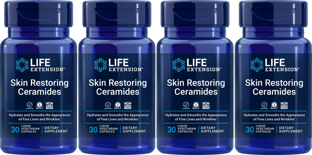 Life Extension Skin Restoring Ceramides bottle front view, pack of 4, highlighting hydration support.