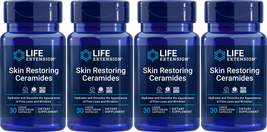 Life Extension Skin Restoring Ceramides bottle front view, pack of 4, highlighting hydration support.