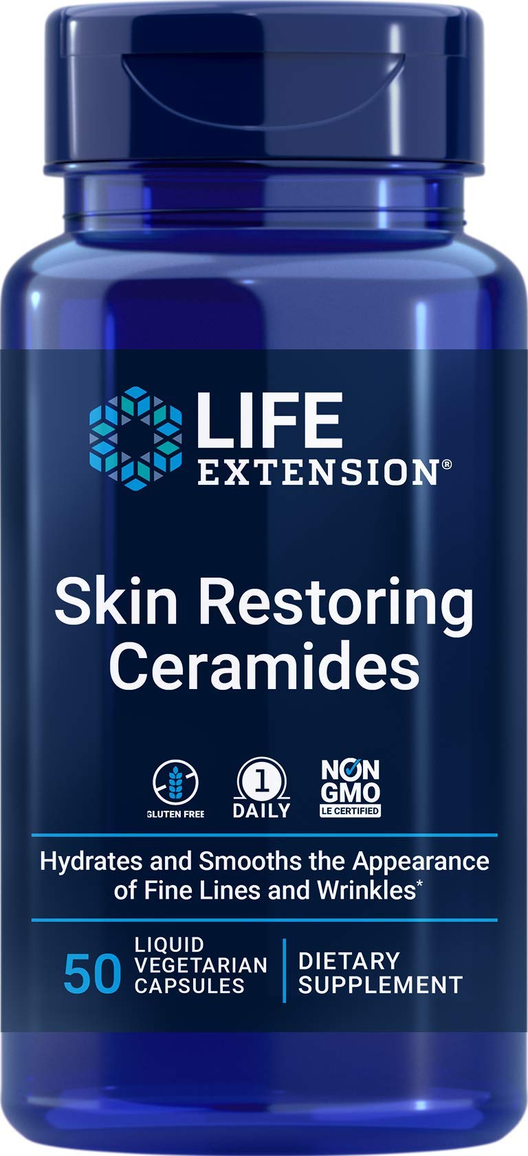 Life Extension Skin Restoring Ceramides bottle promotes hydration for smoother skin.