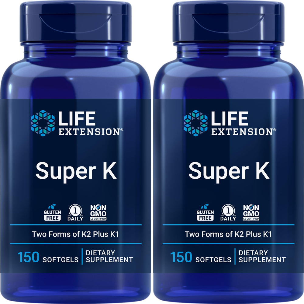 Life Extension Super K bottle with two-pack softgels for daily support.