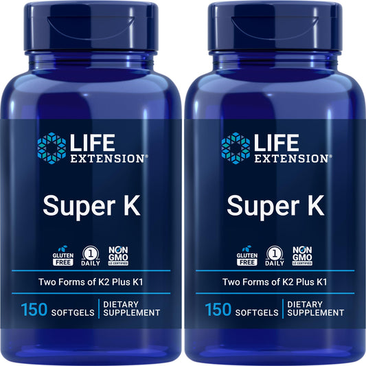 Life Extension Super K bottle with two-pack softgels for daily support.