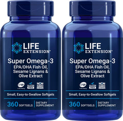 Life Extension Super Omega-3 bottle close-up highlighting easy-to-swallow softgels
