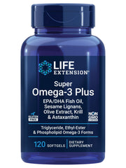 Life Extension Super Omega-3 Plus bottle front showing label for heart and brain support.