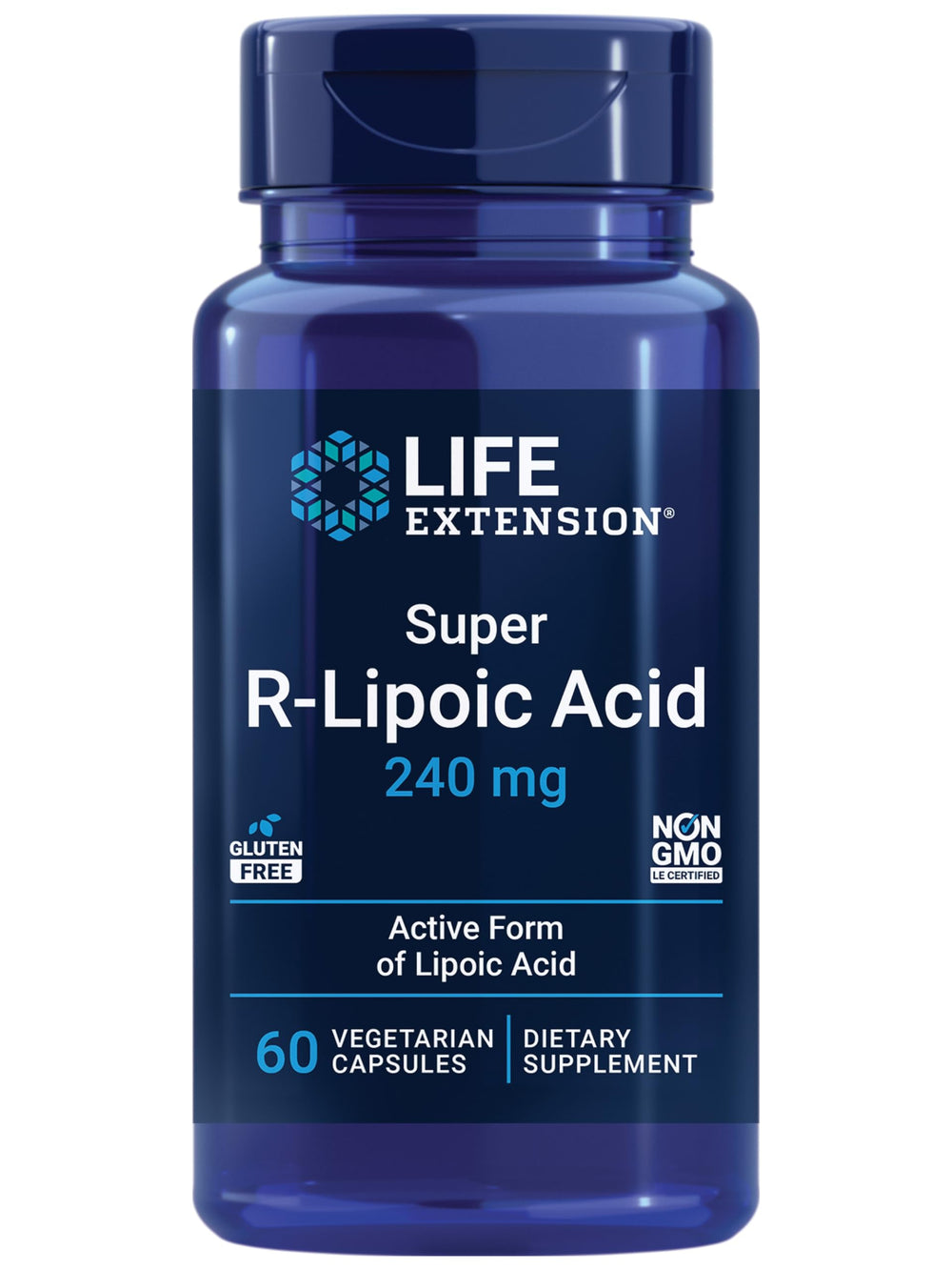 Life Extension Super R-Lipoic Acid bottle showing non-GMO, gluten-free formula.