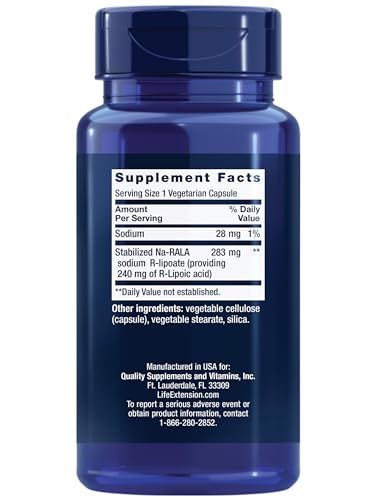 Life Extension Super R-Lipoic Acid capsules close-up highlighting active R-ALA.