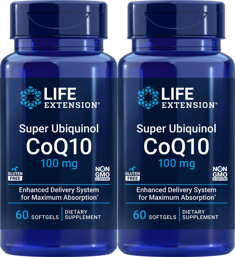 Life Extension Super Ubiquinol CoQ10 bottle front, high-bioavailability formula for cellular energy.