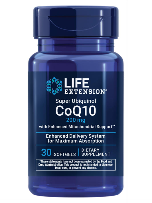 Life Extension Super Ubiquinol CoQ10 bottle highlights heart-supporting nutrition.