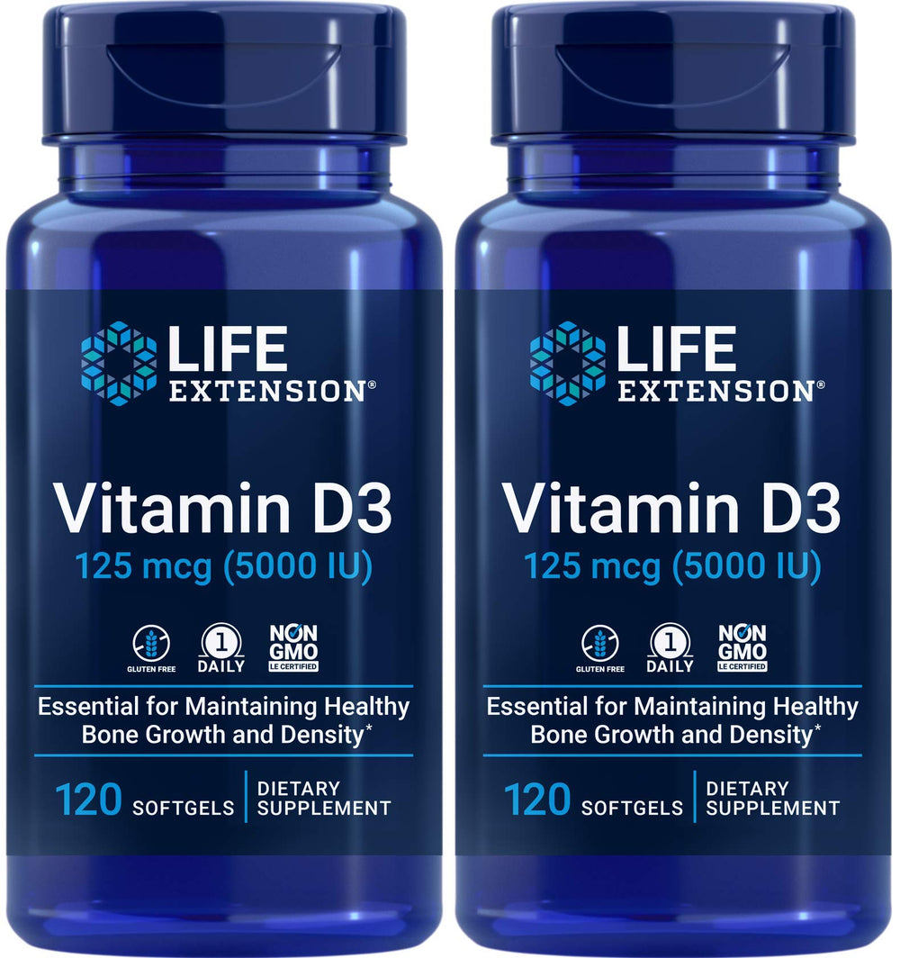 Life Extension Vitamin D3 5000 IU bottle and softgels support bone and immune health