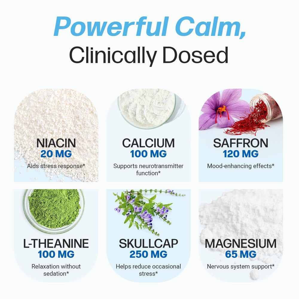 Row of Life Happns Calm capsules showing magnesium bisglycinate and L-theanine for relaxation.