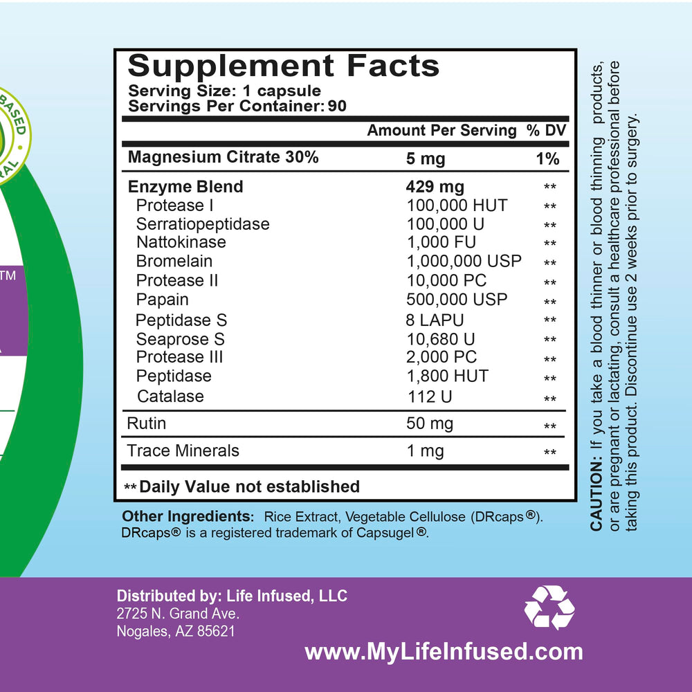Life Infused Metabolic Enzymes with 72 trace minerals supports nutrient utilization.