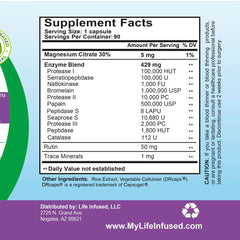 Life Infused Metabolic Enzymes with 72 trace minerals supports nutrient utilization.