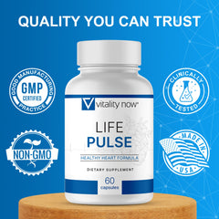 Vitality Now Life Pulse bottle on clean, US-made packaging for purity