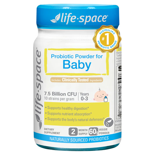 Life-Space baby probiotic powder jar demonstrates balanced microflora support for infant digestion.