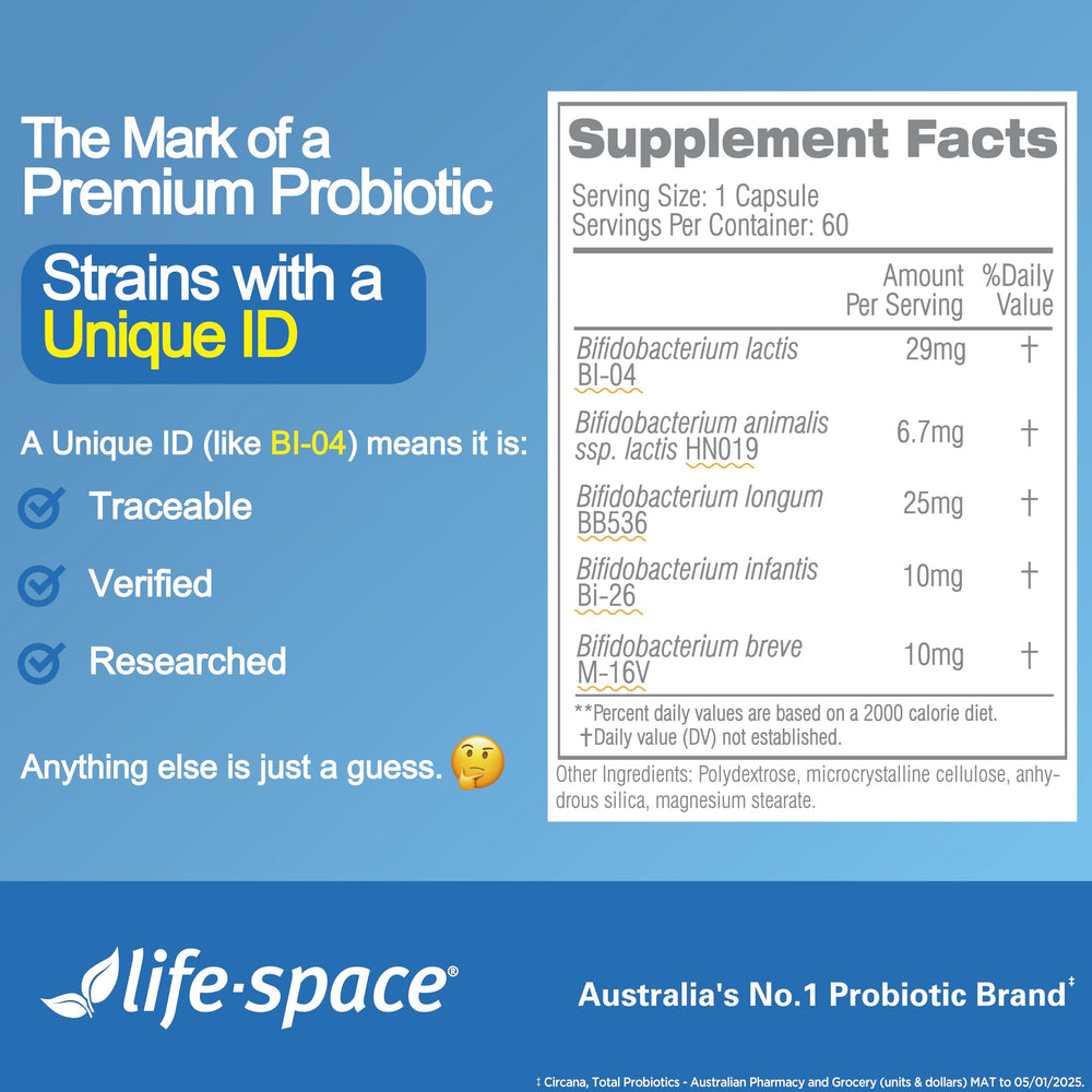 Vegetarian capsules of Life-Space Bowel Biotic for dairy-free use.
