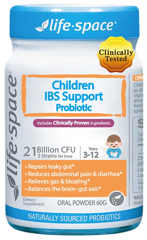 Life-Space Children IBS Probiotic tub showing label for gentle pediatric digestion.