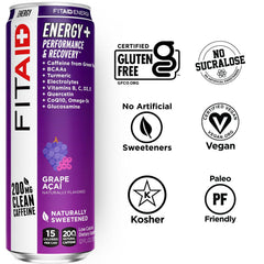 Close-up of label on FITAID Energy Grape Acai, featuring BCAAs and electrolytes