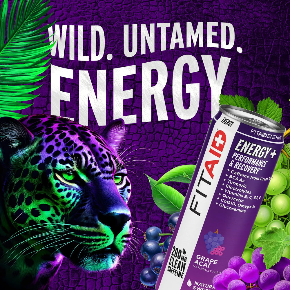 Pack of 24 FITAID Energy Grape Acai cans ready for training sessions