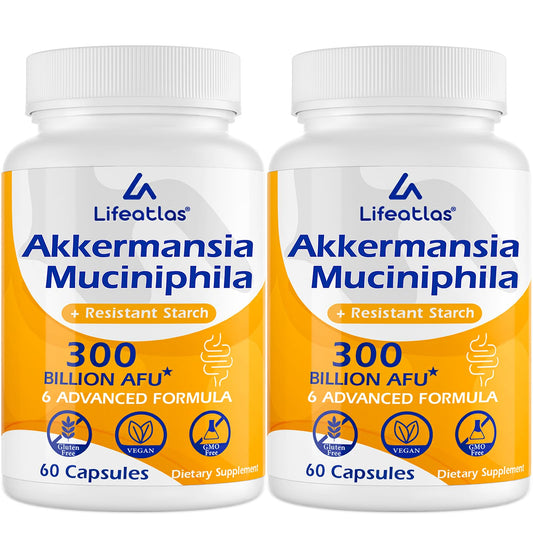 Lifeatlas Akkermansia bottle label showing 300B AFU potency for gut support