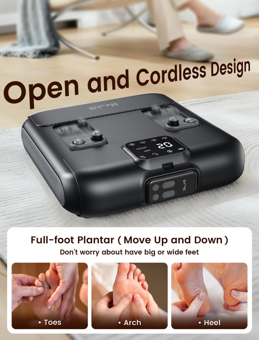 Lifechill full-foot massage coverage targeting heels and toes for cohesive relief.