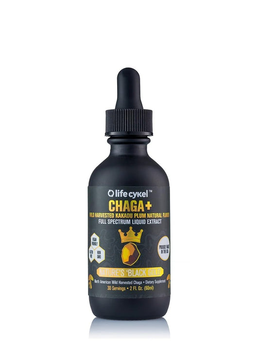 Life Cykel Chaga Kakadu Plum tincture bottle highlighting double extraction potency for daily vitality.